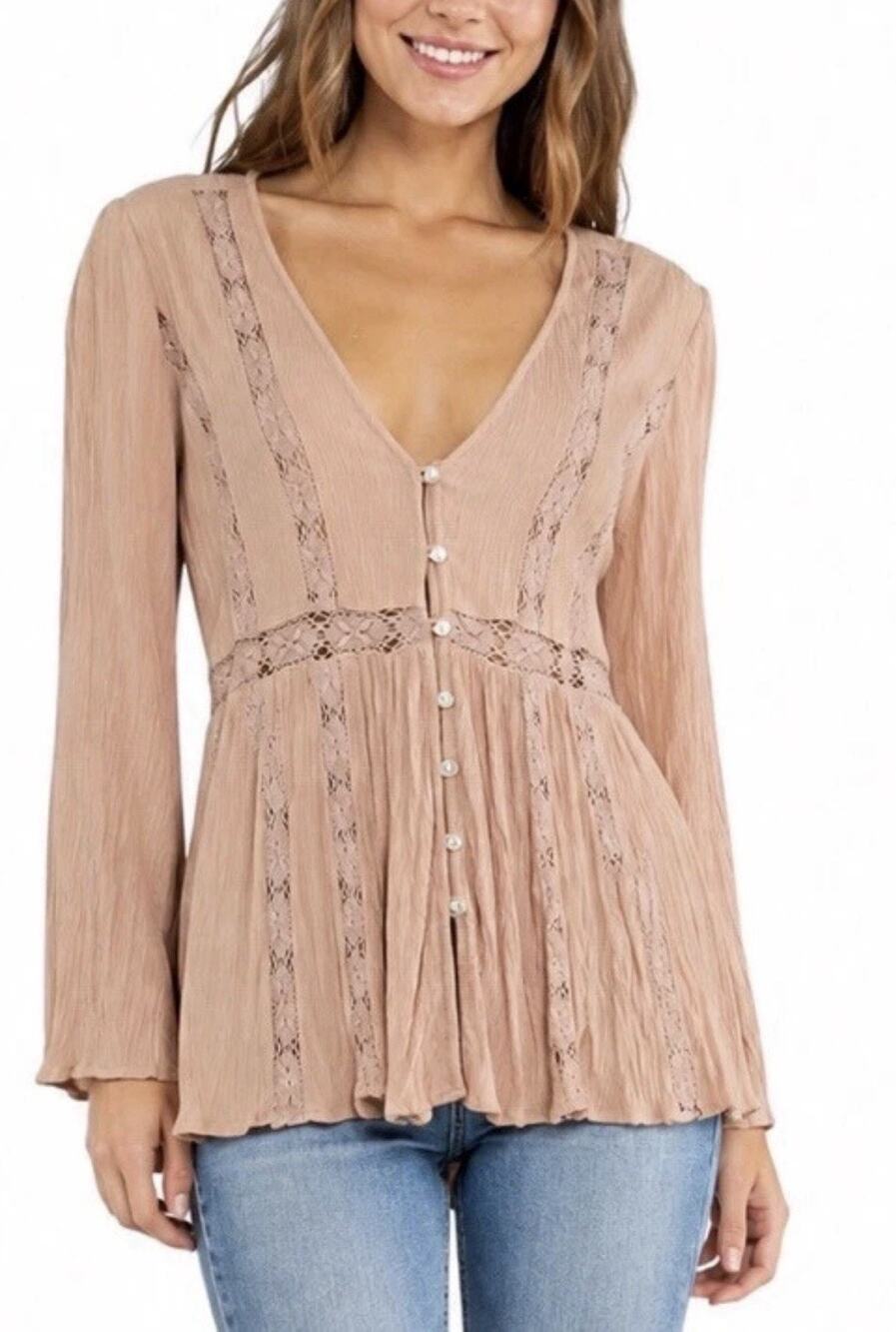 American Eagle Top Womens Small Boho Peach Long Sleeve Laced Peplum Festival